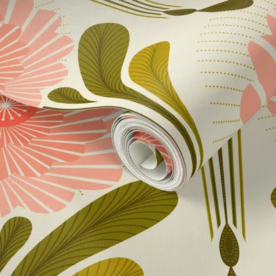 Spoonflower Peel And Stick Wallpaper Art Deco Flowers - Green & Pink - X Large 2' X 12' Removable
