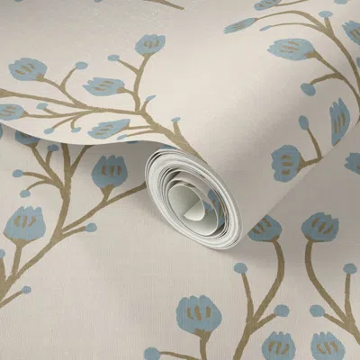 Spoonflower Peel And Stick Wallpaper Art Deco French Country Hand Drawn Wildflower Azure Blue Beige Cream Tan Xl