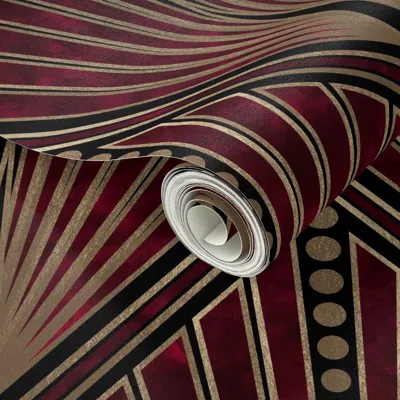 Spoonflower Peel And Stick Wallpaper Art Deco Geometric Fan Pattern - 1920s Glam - Ruby Red On Black Gd (l)  Rem