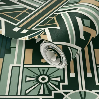Spoonflower Peel And Stick Wallpaper Art Deco Geometric Pattern In Green 2' X 12' Removable