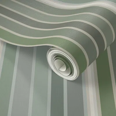 Spoonflower Peel And Stick Wallpaper Art Deco Ginko Leaves Green And Silver Coordinate Stripes 2' X 12' Removabl