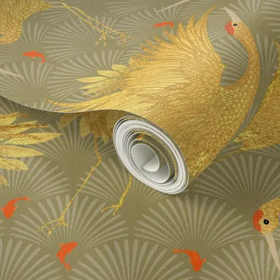 Spoonflower Peel And Stick Wallpaper Art Deco Golden Japanese Cranes Feast 2' X 12' Removable