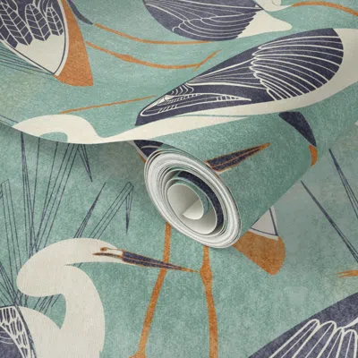 Spoonflower Peel And Stick Wallpaper Art Deco Great Egret - Aqua Blue 2' X 12' Removable