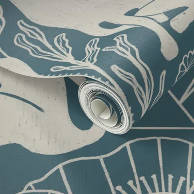 Spoonflower Peel And Stick Wallpaper Art Deco Greyhound Dogs & Geometric Poppy Floral Stained Glass Teal Blue Xl