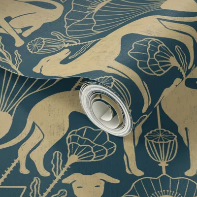 Spoonflower Peel And Stick Wallpaper Art Deco Greyhound Dogs Geometric Poppy Floral Glamour Teal Blue & Gold 2' 