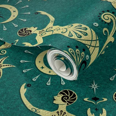 Spoonflower Peel And Stick Wallpaper Art Deco Mermaids And Moonlight 2' X 12' Removable In Multi