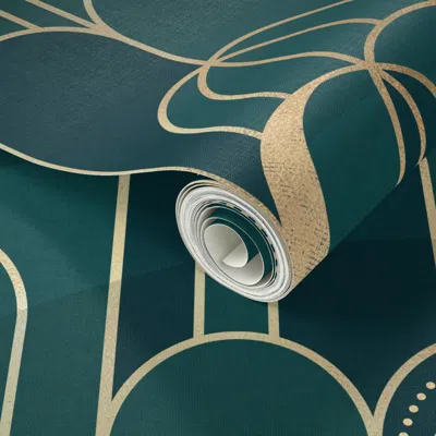 Spoonflower Peel And Stick Wallpaper Art Deco Moon And Waterfall In Jade - Jumbo 2' X 12' Removable In Multi