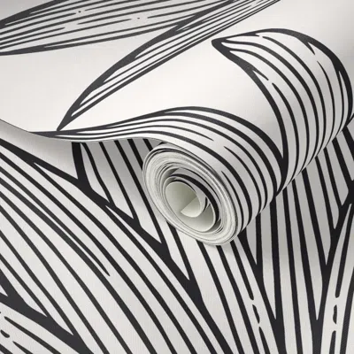 Spoonflower Peel And Stick Wallpaper Art Deco Palm Leaf Scallop -black & White- Dramatic Glamour Luxury Interior
