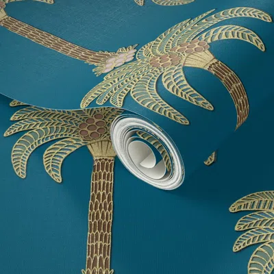 Spoonflower Peel And Stick Wallpaper Art Deco Palm Tree On Dark Teal Blue 2' X 12' Removable