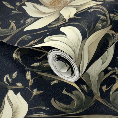 Spoonflower Peel And Stick Wallpaper Art Deco Pattern Of Star Magnolias In Ivory On Black With Gold Trim 2' X 12