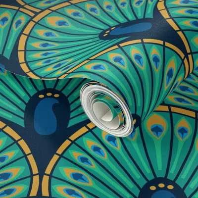 Spoonflower Peel And Stick Wallpaper Art Deco Peacock 2' X 12' Removable