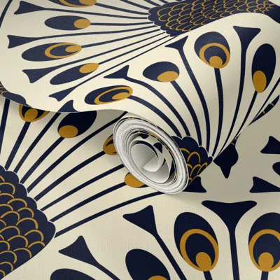 Spoonflower Peel And Stick Wallpaper Art Deco Peacock  Deep Navy Blue And Gold Large 2' X 12' Removable
