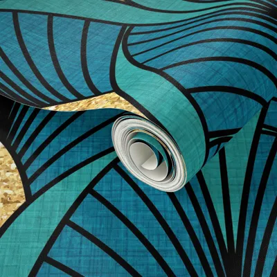 Spoonflower Peel And Stick Wallpaper Art Deco Peacock Emerald Metallic Gold Large Scale 2' X 12' Removable In Green