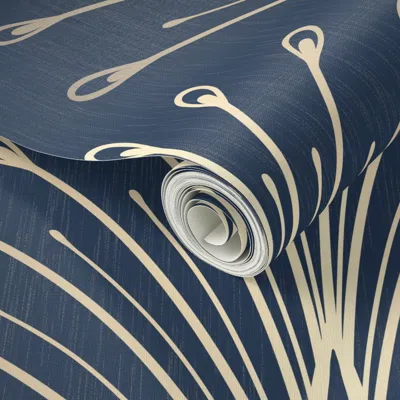 Spoonflower Peel And Stick Wallpaper Art Deco Peacock Feather Scallop Metallic Champagne Gold On Midnight Navy 2