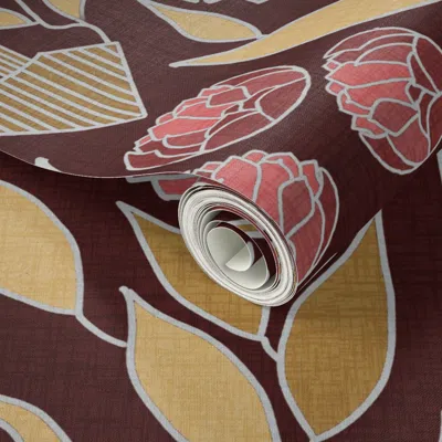 Spoonflower Peel And Stick Wallpaper Art Deco Peonies In Gold Yellow Pinks Maroon 24" 2' X 12' Removable