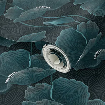 Spoonflower Peel And Stick Wallpaper Art Deco Poppies Teal 2' X 12' Removable In Blue