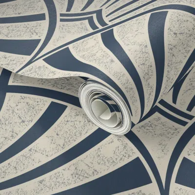 Spoonflower Peel And Stick Wallpaper Art Deco Retro Abstract Art Nouveau Large Scallop Neutral Navy Gray Blue 2'
