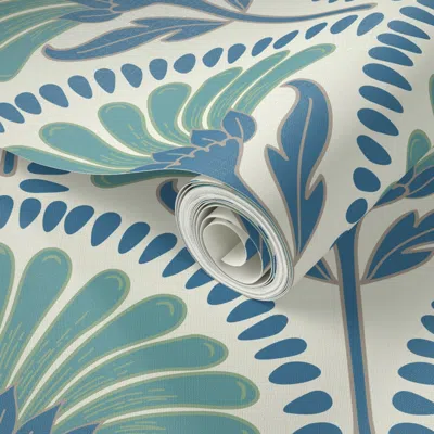 Spoonflower Peel And Stick Wallpaper Art Deco Scallop With Simple Daisy Floral In Chintz Blue Teal & Green-large