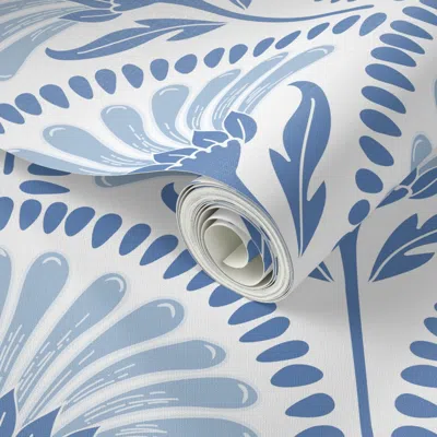 Spoonflower Peel And Stick Wallpaper Art Deco Scallop With Simple Daisy Floral In Galactic Cobalt Blue & White 2