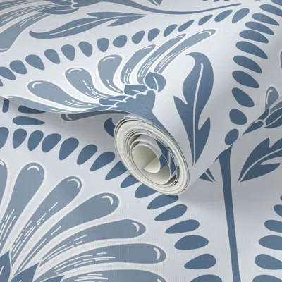 Spoonflower Peel And Stick Wallpaper Art Deco Scallop With Simple Daisy Floral In Hampton Blue & White-large 2' 