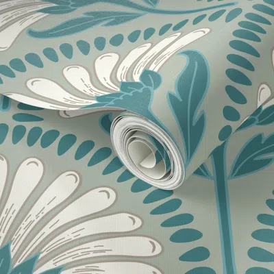 Spoonflower Peel And Stick Wallpaper Art Deco Scallop With Simple Daisy Floral In Teal & Green & White-large 2' 