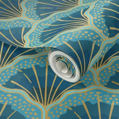 Spoonflower Peel And Stick Wallpaper Art Deco Sea Shell - Blue And Gold - Medium Scale 2' X 12' Removable