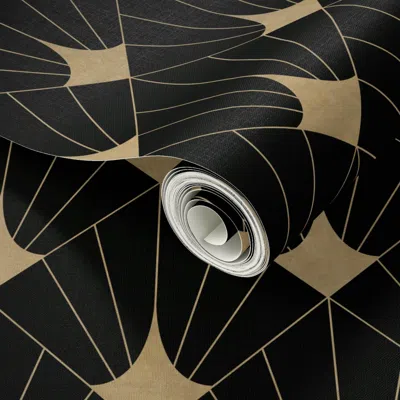 Spoonflower Peel And Stick Wallpaper Art Deco Square Fans - Gold Effect On Ink Black - Medium Scale  Removable