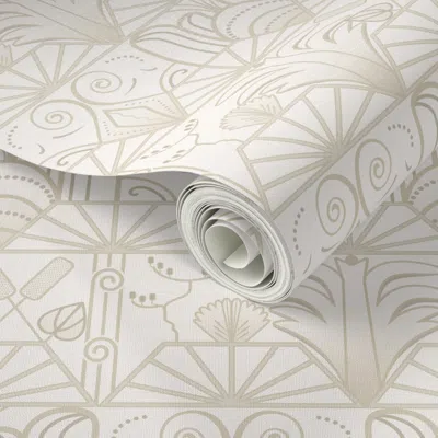 Spoonflower Peel And Stick Wallpaper Art Deco Sunburst Fountain And Nature Pattern - Small - Linen Beige 2' X 12