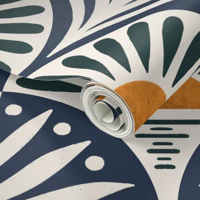 Spoonflower Peel And Stick Wallpaper Art Deco Sunset And Leaves Cascades And Navy On Cotton White 2' X 12' Remov
