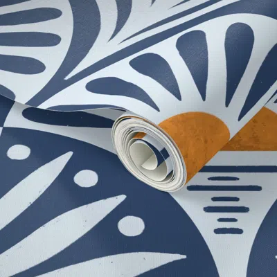 Spoonflower Peel And Stick Wallpaper Art Deco Sunset And Leaves Custom Blue 2' X 12' Removable