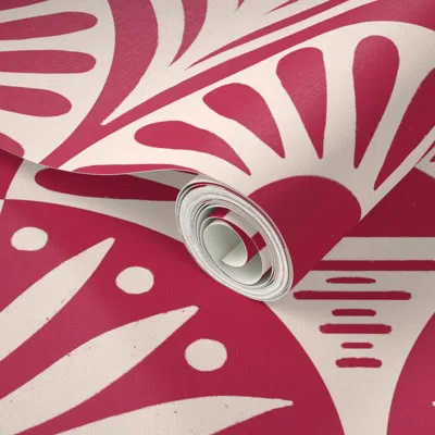 Spoonflower Peel And Stick Wallpaper Art Deco Sunset And Leaves In Viva Magenta 2' X 12' Removable