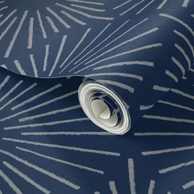 Spoonflower Peel And Stick Wallpaper Art Deco Sunshine - Grey On Navy (large Scale) 2' X 12' Removable