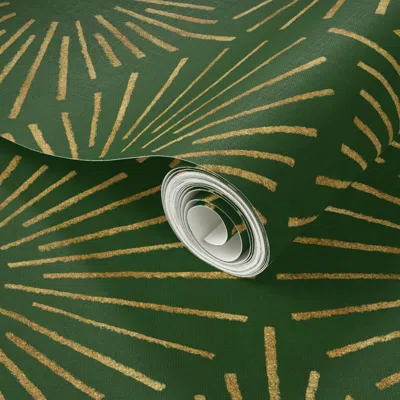 Spoonflower Peel And Stick Wallpaper Art Deco Sunshine - New Gold On Emerald (jumbo Scale) 2' X 12' Removable