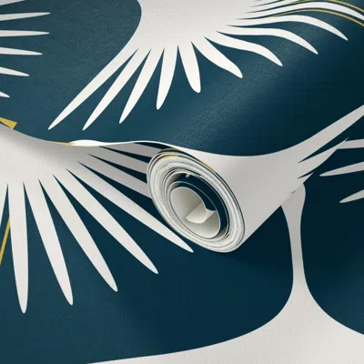 Spoonflower Peel And Stick Wallpaper Art Deco Swan - Midnight 7" Fabric 12" 2' X 12' Removable