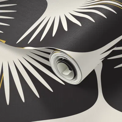 Spoonflower Peel And Stick Wallpaper Art Deco Swans - 12" - Cream On Black 2' X 12' Removable In Multi