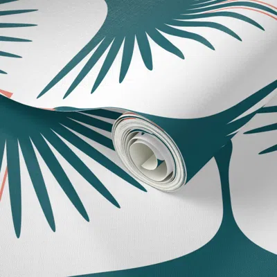 Spoonflower Peel And Stick Wallpaper Art Deco Swans - 12" - Teal White Coral 2' X 12' Removable