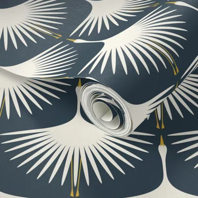 Spoonflower Peel And Stick Wallpaper Art Deco Swans (6") - Gray Navy 2' X 12' Removable
