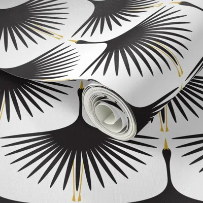 Spoonflower Peel And Stick Wallpaper Art Deco Swans - Black On White 2' X 12' Removable In Multi