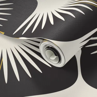 Spoonflower Peel And Stick Wallpaper Art Deco Swans - Cream On Black 2' X 12' Removable In Multi