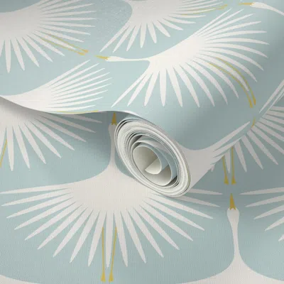 Spoonflower Peel And Stick Wallpaper Art Deco Swans - Duck Egg And Off White 2' X 12' Removable