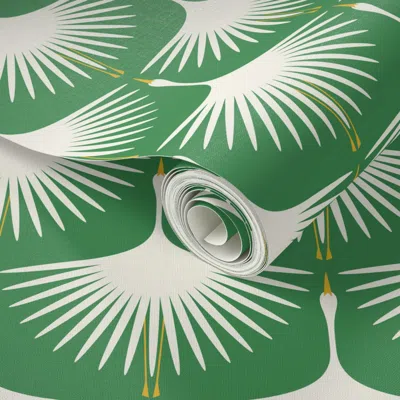 Spoonflower Peel And Stick Wallpaper Art Deco Swans - Green (once Upon A Time) 6" 2' X 12' Removable