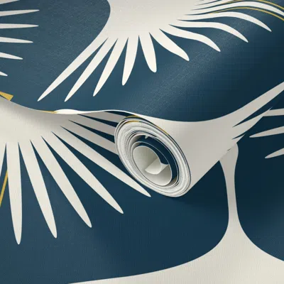 Spoonflower Peel And Stick Wallpaper Art Deco Swans - Navy - 12" 2' X 12' Removable In Multi
