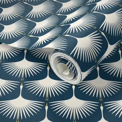 Spoonflower Peel And Stick Wallpaper Art Deco Swans - Navy - 3" Wingspan 2' X 12' Removable