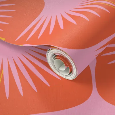 Spoonflower Peel And Stick Wallpaper Art Deco Swans - Pink On Red/orange - 12" Wide 2' X 12' Removable