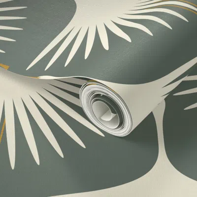 Spoonflower Peel And Stick Wallpaper Art Deco Swans - Smoke Green - 12" Wingspan 2' X 12' Removable