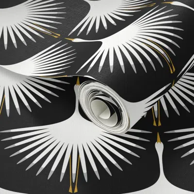 Spoonflower Peel And Stick Wallpaper Art Deco Swans With Gray Wingtips - 6" Wingspan 2' X 12' Removable In Multi