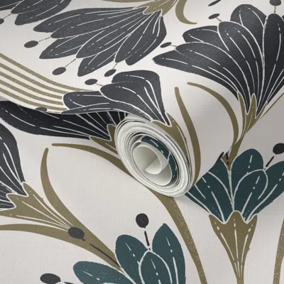 Spoonflower Peel And Stick Wallpaper Art Deco Vintage Botanical And Retro Elegant Fan Flowers 2' X 12' Removable