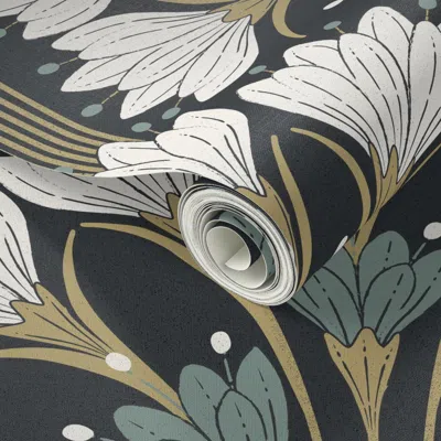 Spoonflower Peel And Stick Wallpaper Art Deco Vintage Botanical And Retro Elegant Fan Flowers Black Background 2