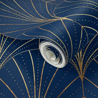 Spoonflower Peel And Stick Wallpaper Art Deco Waterfalls // Navy Blue 2' X 12' Removable
