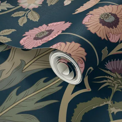 Spoonflower Peel And Stick Wallpaper Art Nouveau Poppies Damask Hellebore Roses Artichoke Olive Gold Navy -jumbo In Black